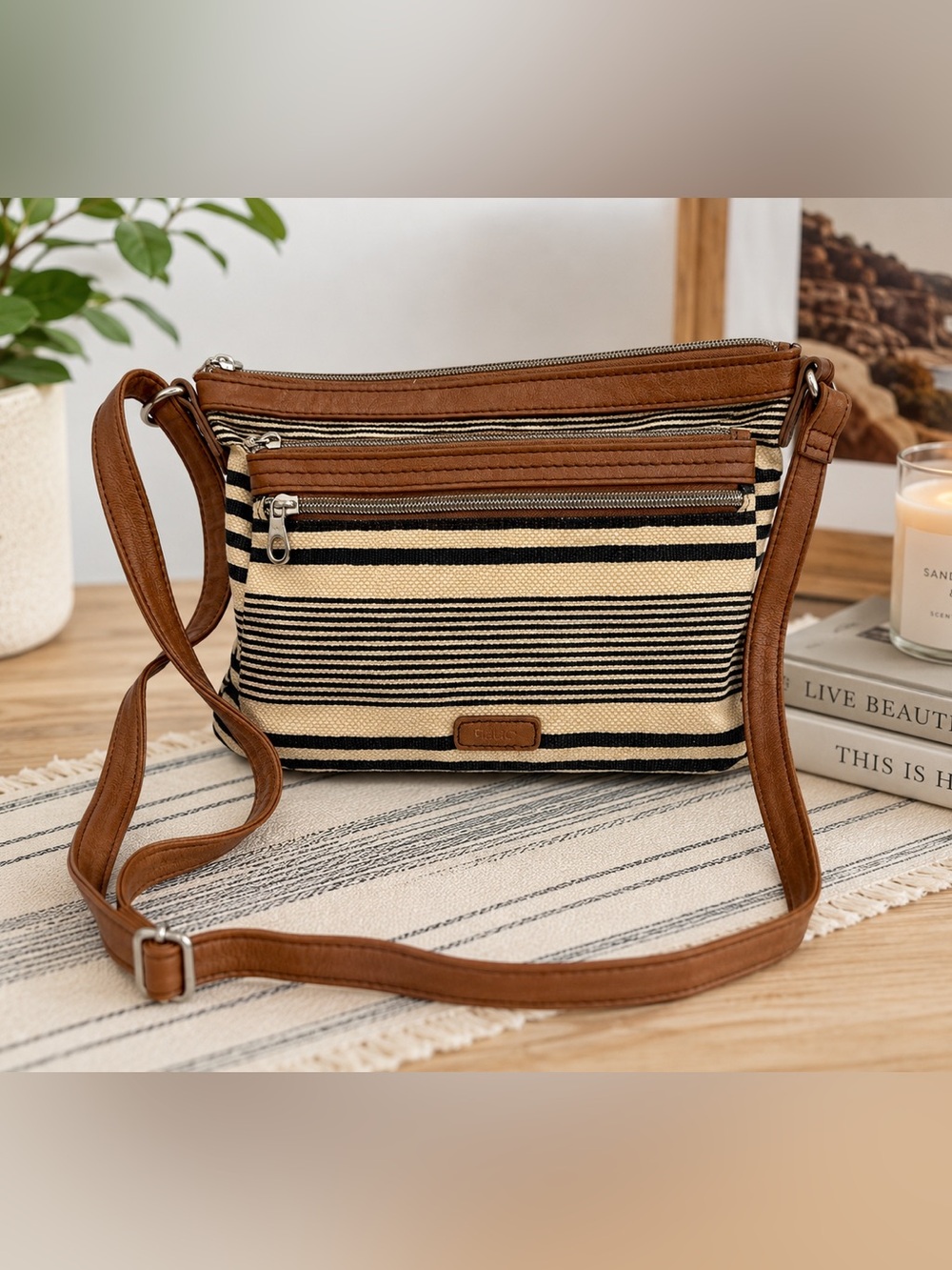 Relic Striped Canvas Crossbody Bag Tan Faux Leather Trim Multi Pocket Boho Purse
